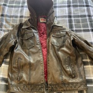 “LEVIS” Large Faux Hooded Leather Jacket. Brown/Burgundy